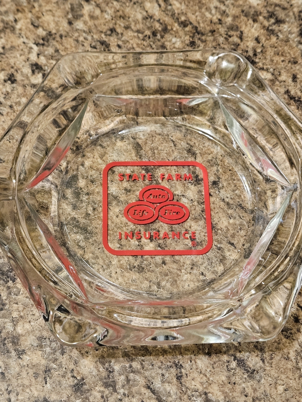 Vintage Heavy Glass Ashtray featuring the State Farm Insurance logo
